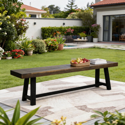 Rustic Acacia Wood Patio Bench with Black Legs, Farmhouse Outdoor Dining Bench