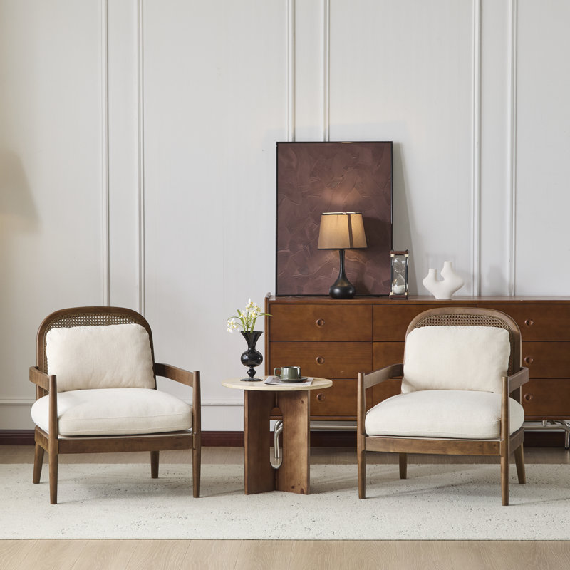 Marindale 26.6'' Mid-Century Modern Accent Chair With Rattan Backrest And Rubberwood Frame, Beige Cushion / Light Brown Frame