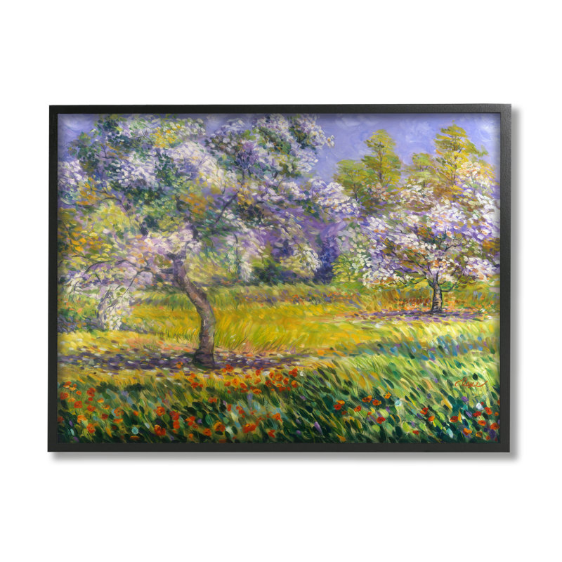 Printemps, arbres en fleurs sur bois, Giclée encadrée noir minuit, H 11 po x l 14 po x P 1,5 po