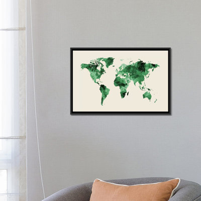 Carte du monde : teintes de vert (l/o antarctique), impression sur toile tendue beige
