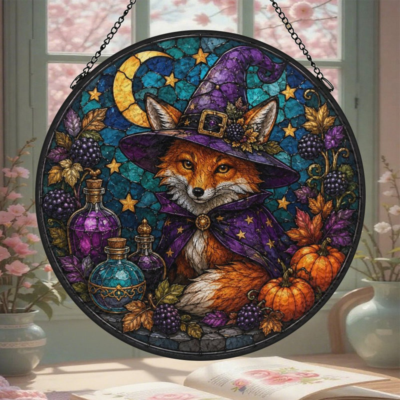 Panneau de vitrail pour fenêtre Fox Witch, 3,5 x 3,5 po (9 x 9 cm)