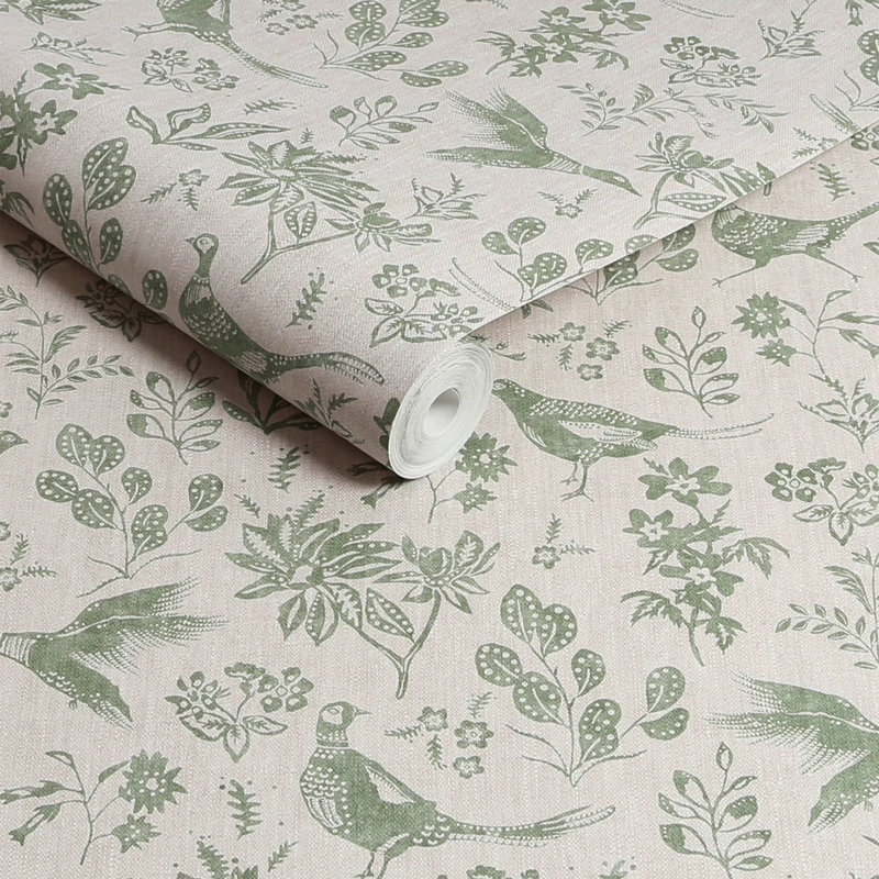 Joules Pheasant Print Linen/Green Animal 10m x 52cm Matte Wallpaper Roll