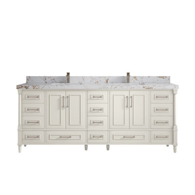 Aberdeen 84 In. W X 22 In. D Double Sink Bathroom Vanity In Alabaster With 2 In. Viola Gold Quartz -  Willow Collections, ABD_ALB_VL_GL_84