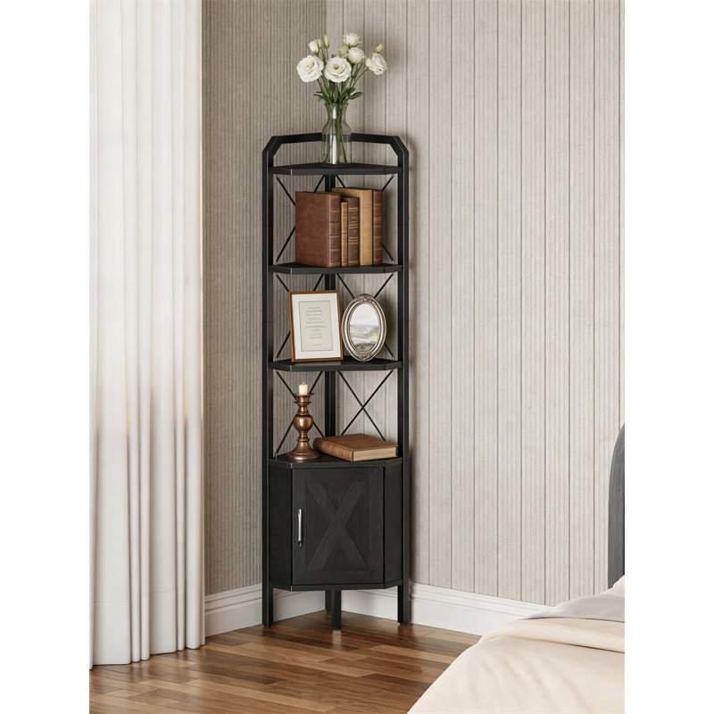 62-Inch Tall 4-Tier Corner Bookshelf With Cabinet, X-Shaped & Diamond Design For Living Room Storage, Black