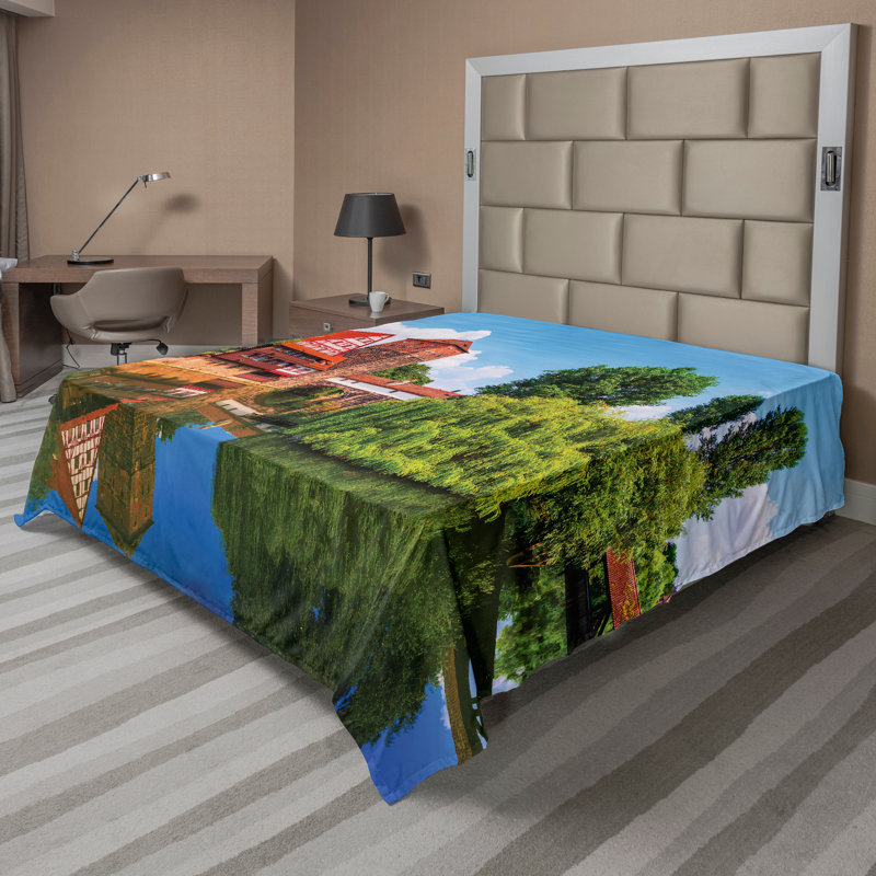 Ambesonne Rustic Top Flat Sheet Summer View German Town Orange Blue Green, California King Flat Sheet