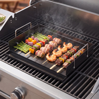 Carbon Steel Griddle 17x11 inch Flat Top Pre-Seasoned Plate Handle, for BBQ Eggs Burger, Even Heat Distribution, Non-Stick Portable Rectangular Family Cookware for Outdoor Gas Grill/Stove, Oven