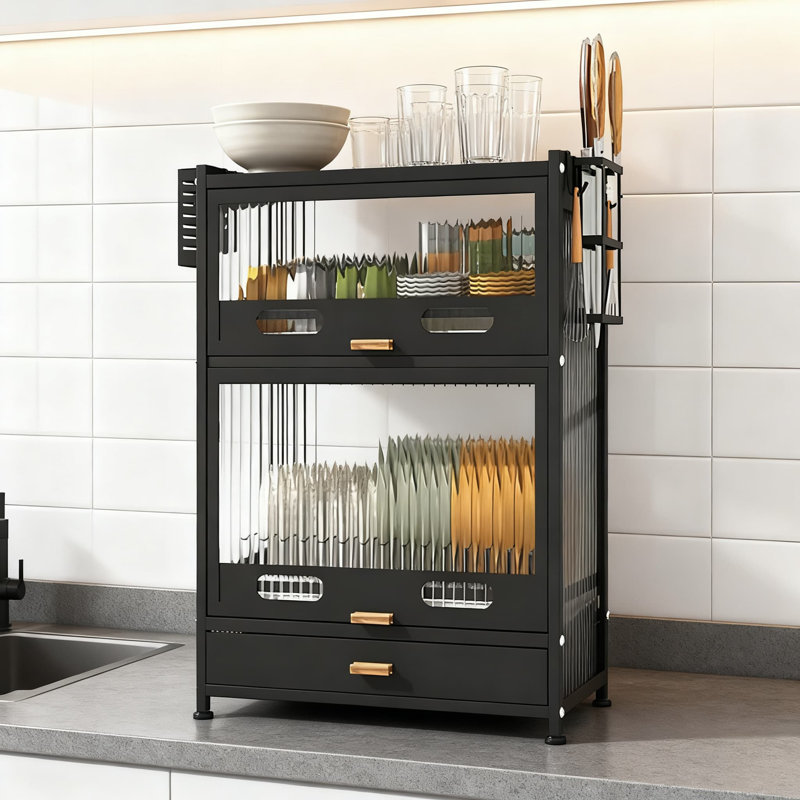 Armoire de rangement de comptoir à 4 niveaux avec tiroirs coulissants, organisateur de vaisselle anti-poussière pour ustensiles, assiettes, bols et épices