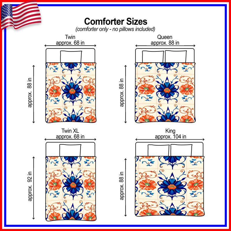 Blue Orange Floral Tile Comforter, Queen