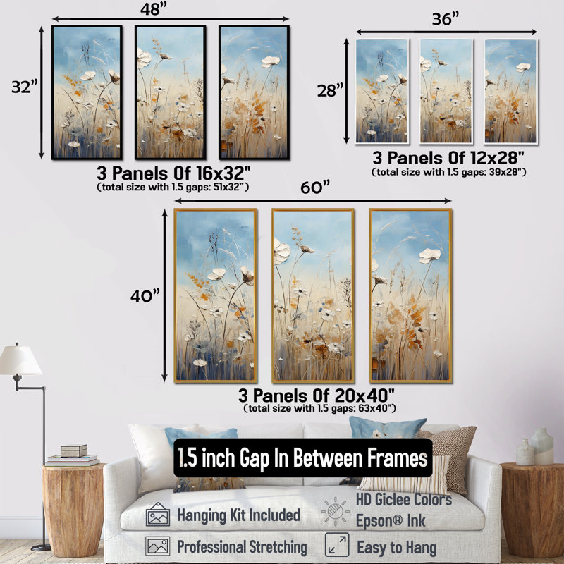 Minimalisme Wildflower Wonderland III - ensemble d'art mural prairie, Cadre flottant doré, H 40 po x l 60 po x P 1 po