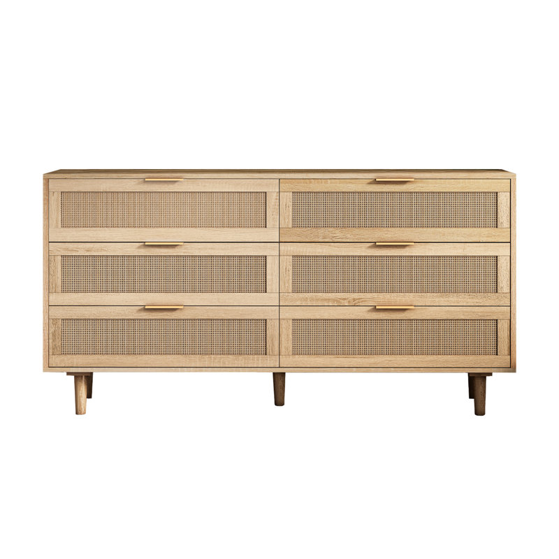 59.06'' 6-Drawer Rattan Storage Cabinet, Natural Rattan Dresser with Spacious Drawers for Bedroom Living Room, Sturdy MDF Chest Organizer