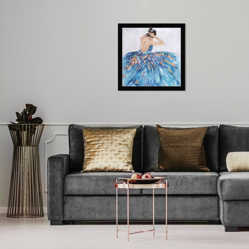 Bleu et festif - Peinture sur papier, Papier avec cadre noir, H 16 po x l 16 po