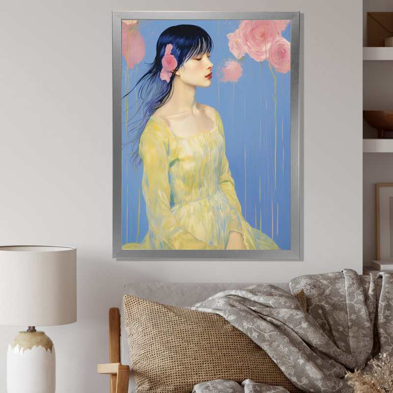 «Elegant Pasian Lady Blossoming Pink Roses», reproduction sur toile, H 20 po x l 12 po x P 1 po, Cadre simple argenté