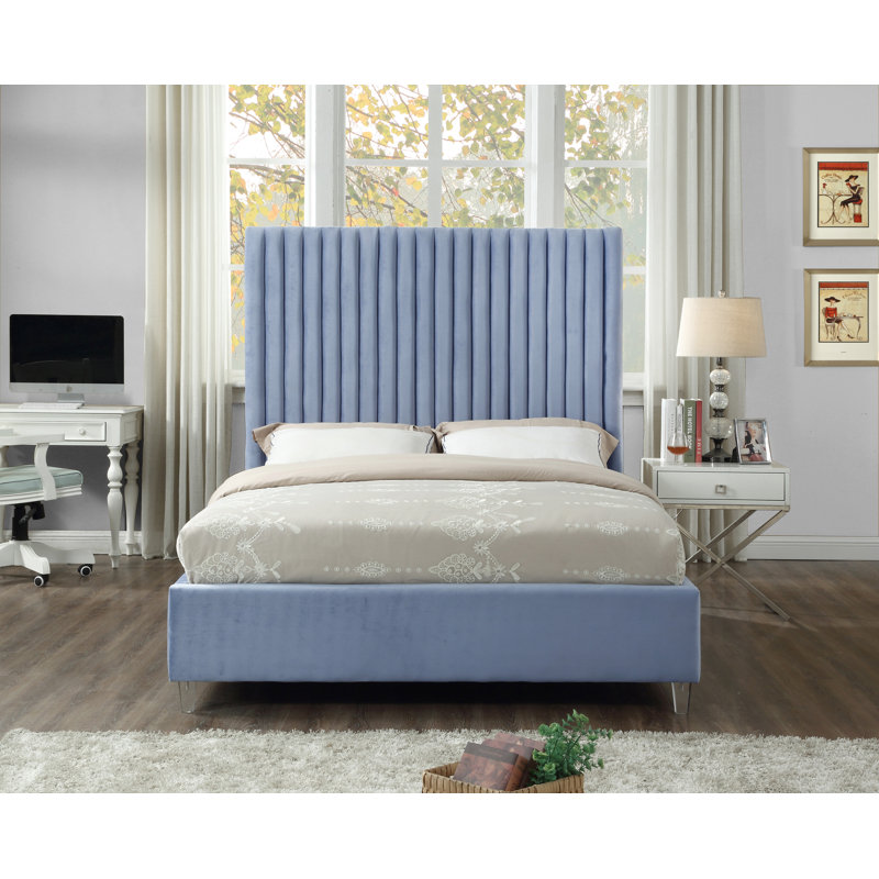 Upholstered Platform Bed, King, Sky Blue Velvet