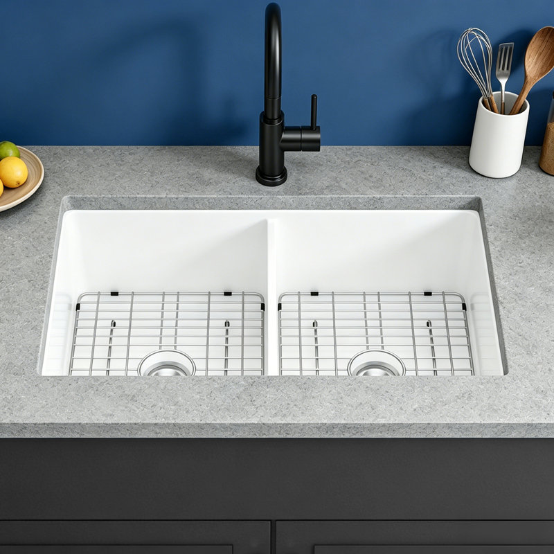 Évier de cuisine à double cuve en argile réfractaire à double cuve avec accessoires 32 po x 19 po x 10 po Topcraft (50/50)