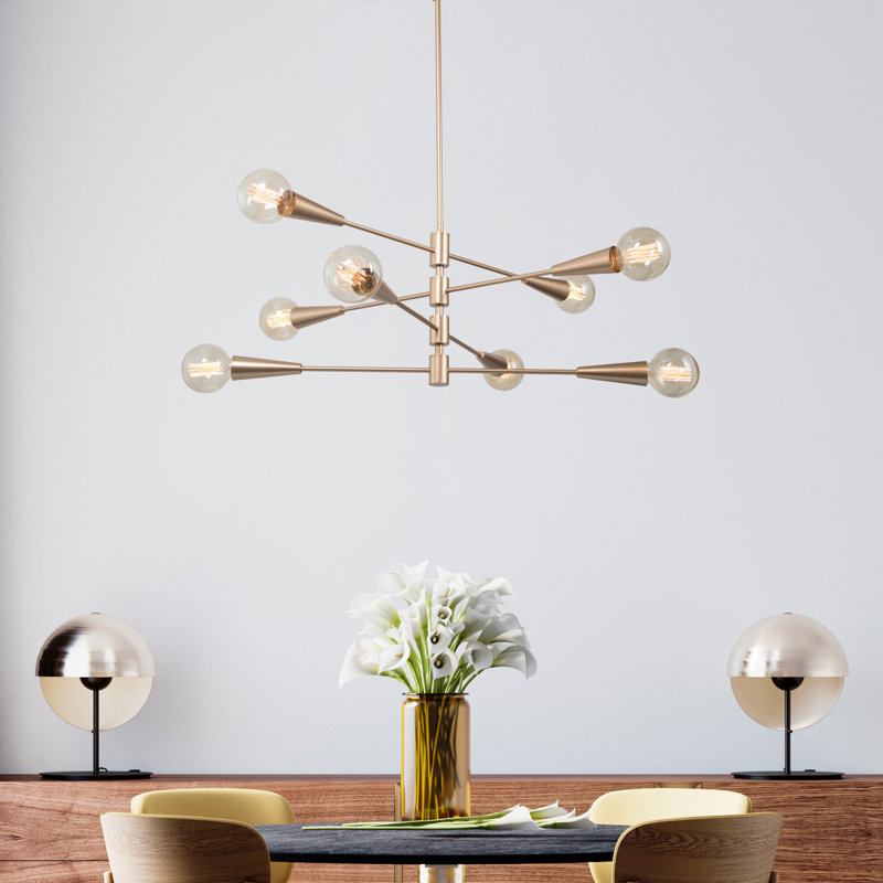 8-Light Gold Dimmable Chandelier with 4 Height Adjustable Rods for Indoor Dry
