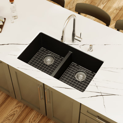 Karran Quartz 32'' X 19-1/2'' Double Bowl 50/50 Undermount Kitchen Sink Kit