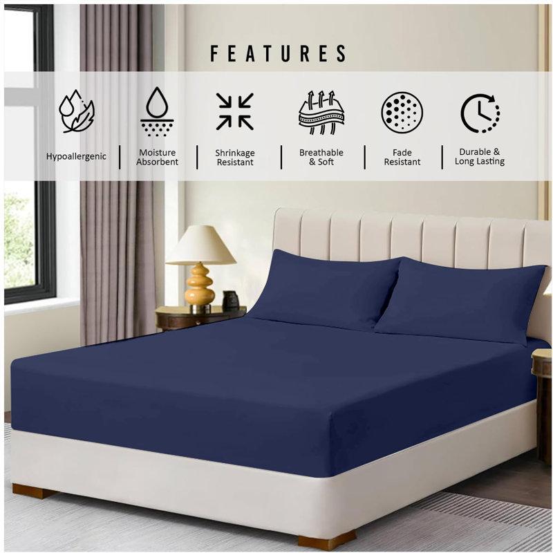 Pack of 4 Plain Dyed Fitted Sheets Microfiber | Soft and Breathable Microfiber Bedding for Ultimate Comfort & Easy Care, Navy