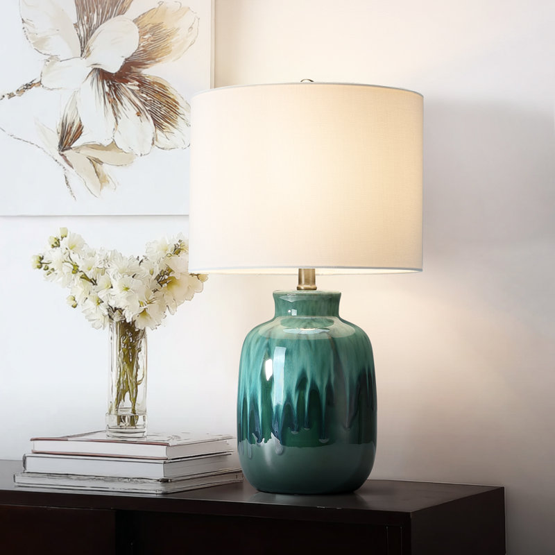Green Ceramic Table Lamp With White Drum Shade