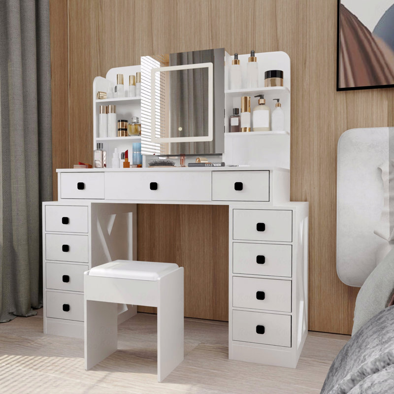 Farmhouse Style Vanity Desk (Makeup Vanity) With Sliding Mirror,Led Lights And With Charging Station,Makeup Table Desk With Dimmable Led Light,Vanity Makeup Table With Sponge Soft Vanity Stool,White Finish