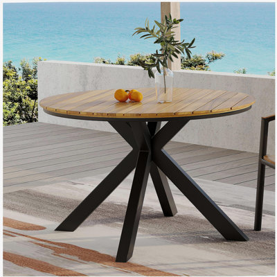 Outdoor Dining Table, Teak Acacia Wood Tabletop and Black Metal Leg