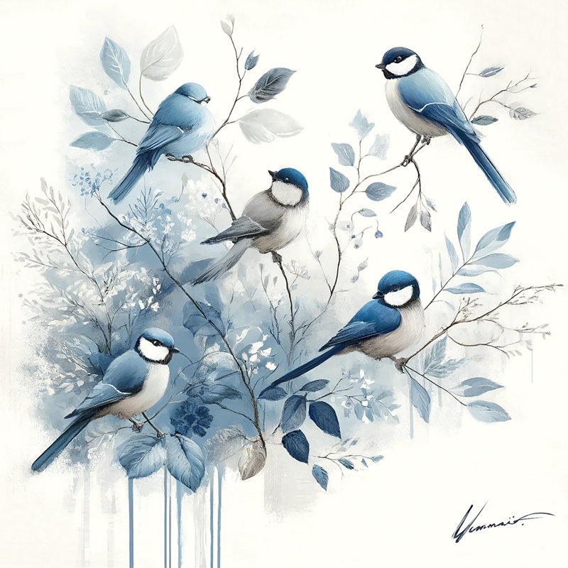 Art mural sur toile Elegant Blue Birds and Botanical, H 12 po x l 12 po x P 1 po