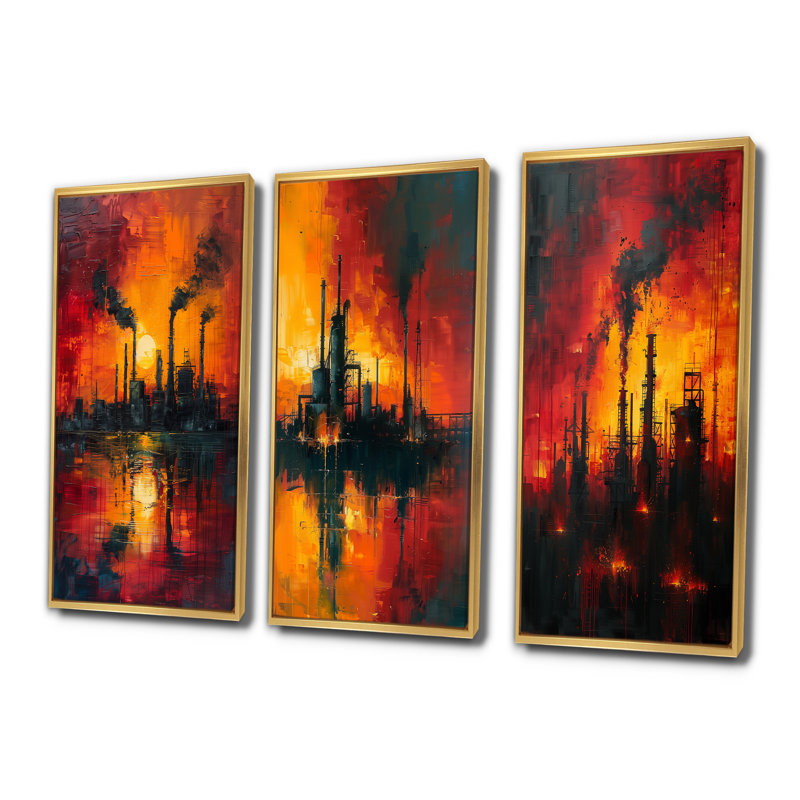 Collection industrielle rouge «Polution I» - usines d'art mural, H 40 po x l 60 po, Impression encadrée flottante, Doré