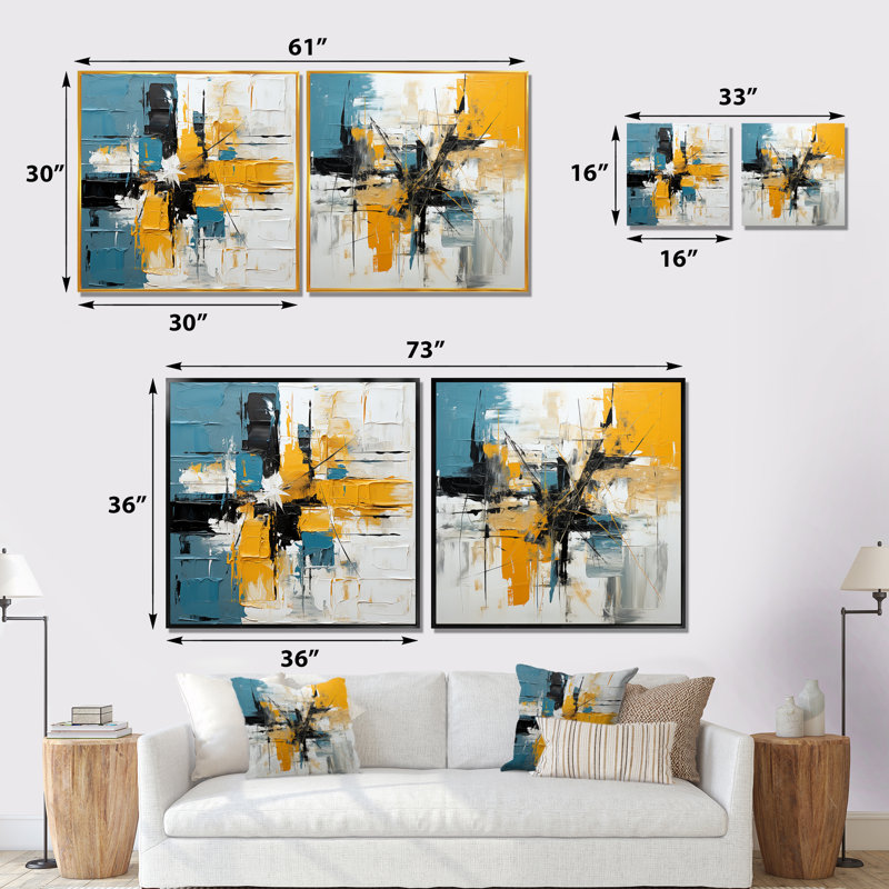 «Blue and Yellow Paint Elegance I», ensemble de 2 reproductions d'art mural abstrait, Toile tendue