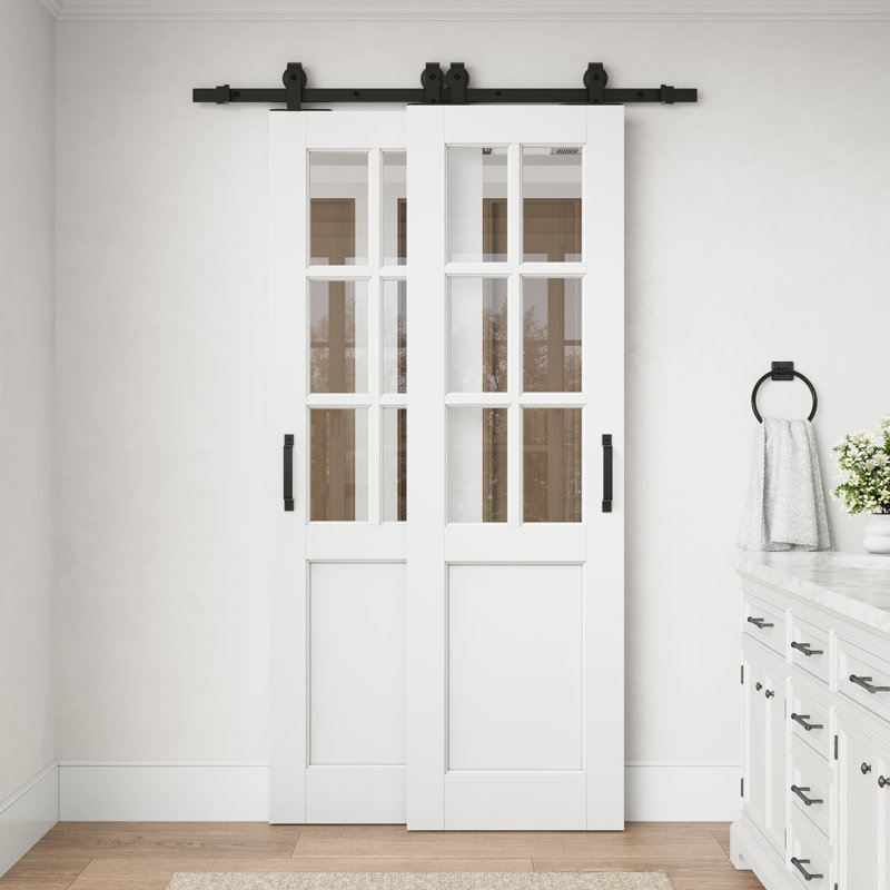 Porte coulissante standard de 40 po x 80 po avec ensemble de quincaillerie pour porte de grange, 6 carreaux de verre clair préfini et ensemble de quincaillerie pour porte coulissante