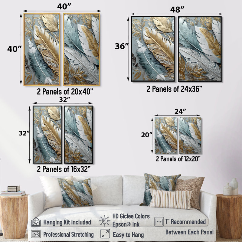 Plumes dorées dorées V - impressions sur toile dorées 2 panneaux, 36'' H x 48'' W, Wrapped Canvas, Does Not Apply