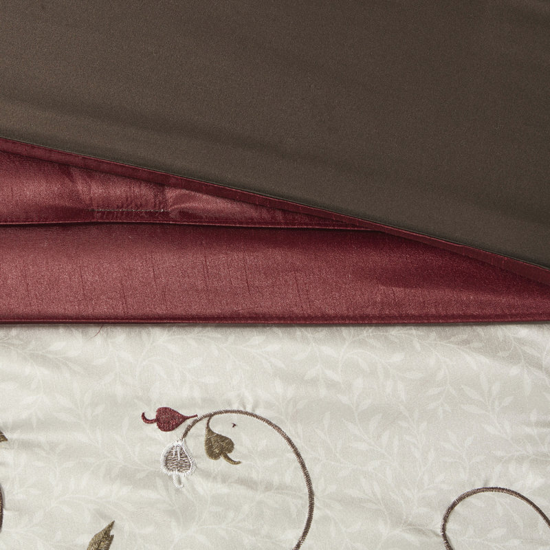 Élégant édredon très grand rouge 7 pièces - Tissu à motif de broderie 2 taies décoratives, 3 coussins décoratifs, 1 jupe de lit