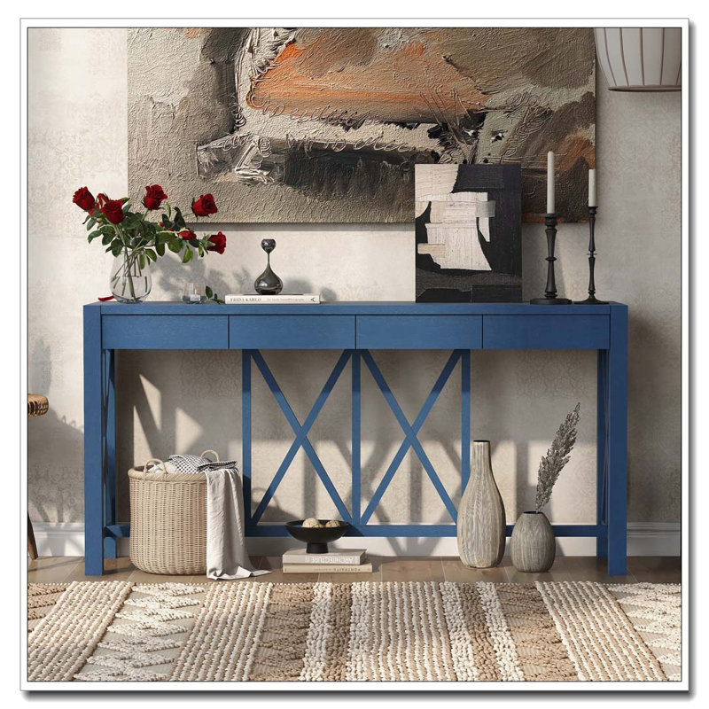 60''Acacia Veneer Console Table with 4 Spacious Drawers, Grey