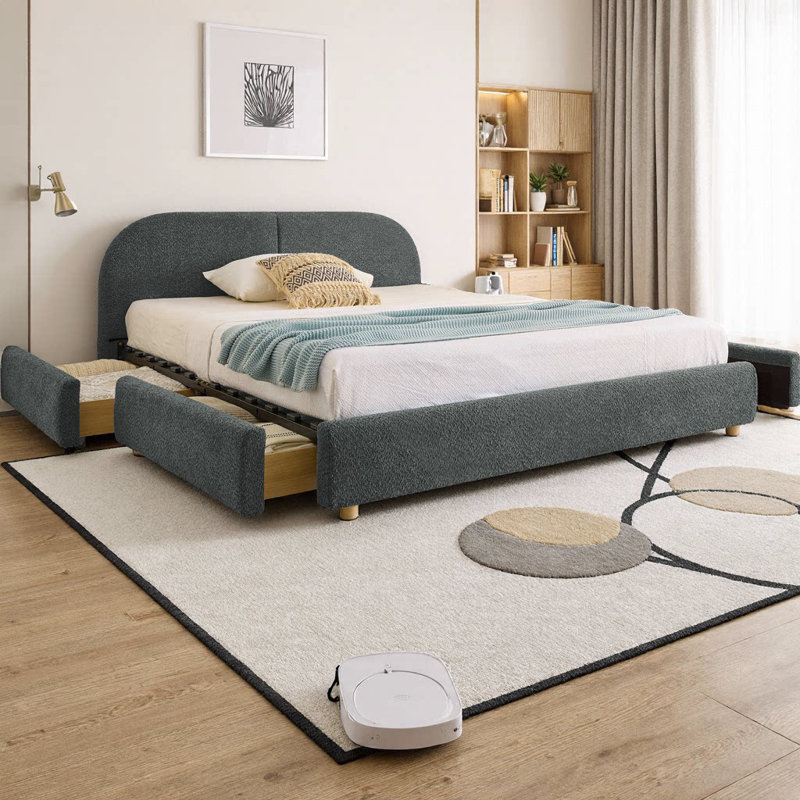 Très grande base de lit tapissier de style très moderne avec tête de lit incurvée de grande taille, tissu en fil de cercle de qualité supérieure et support de pieds robuste, matelas non inclus