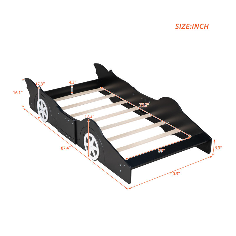 Lit plateforme avec roulettes Race, Lit simple, Noir, noir, noir, noir