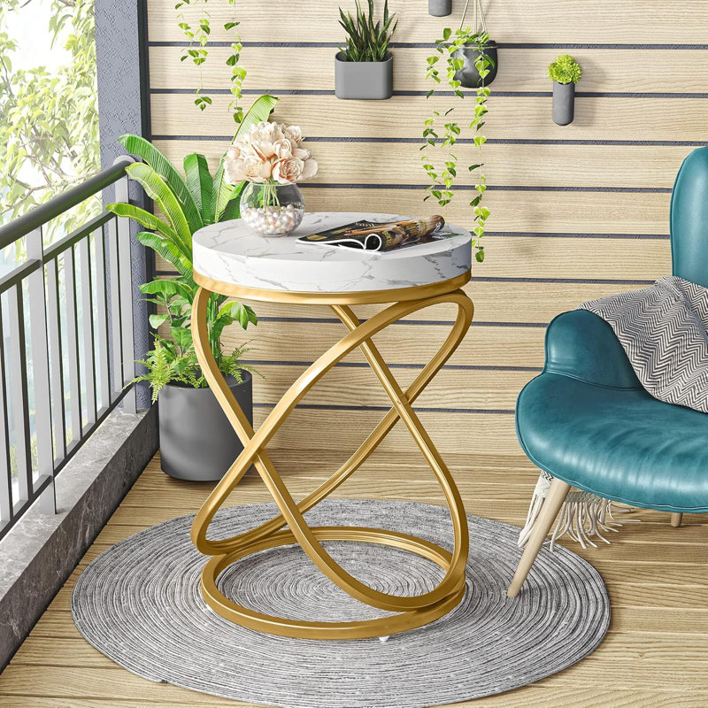 26'' White and Gold Faux Marble Top Round End Table