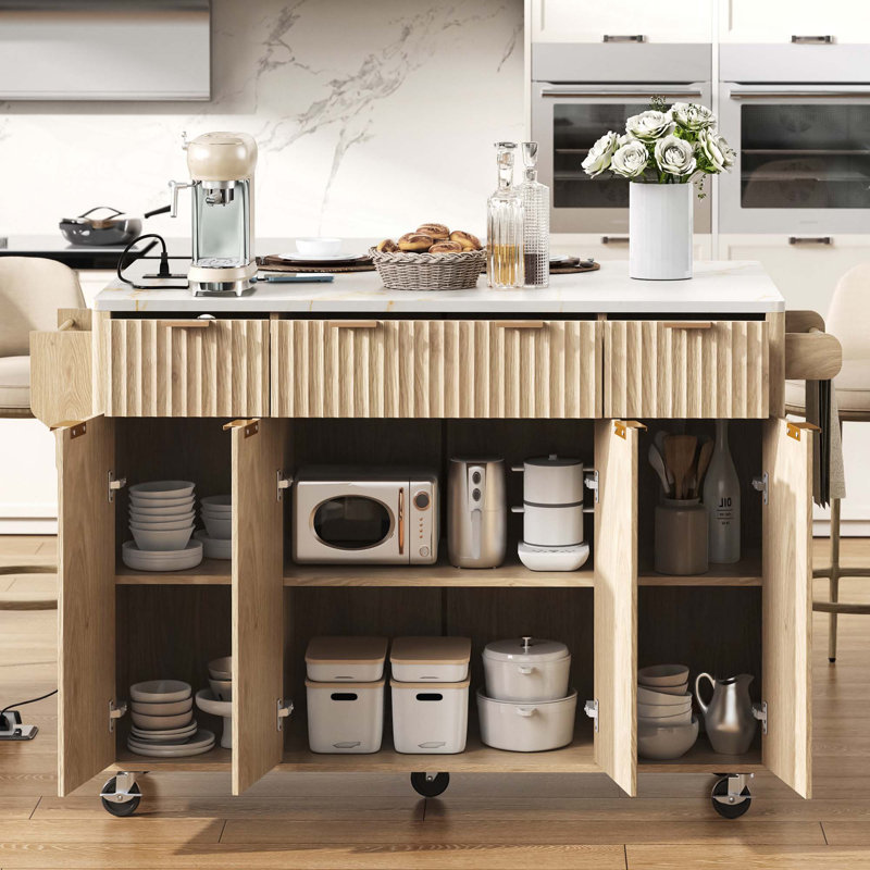 55.5" Fluted Kitchen Island With Drop Leaf, Power Outlet, 4 Doors & 3 Drawers, Natural/Granite
