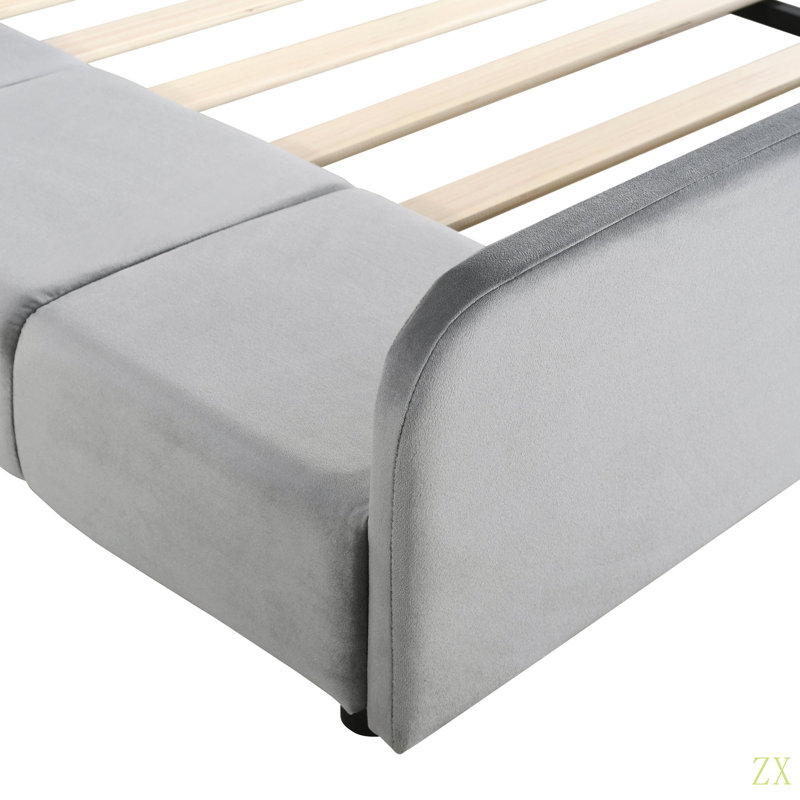 Grand lit tapissier en velours avec bureau de chevet intégré et tabouret rond, parfait pour la mère et l'enfant