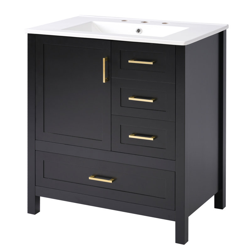 Ensemble de meuble-lavabo autoportant de 30 po avec lavabo, armoire de rangement avec porte à fermeture en douceur, 3 tiroirs à fermeture en douceur et plateau amovible, structure en bois massif,