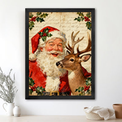 «Black Happy Vintage Santa Claus» et son renne, reproduction d'art encadrée noire
