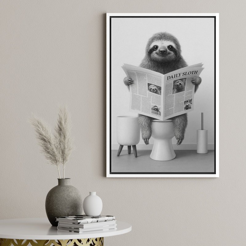 Reproduction d'art encadrée sur toile - journal de lecture d'animaux, œuvre d'art amusante, décor minimaliste moderne pour salle de bain