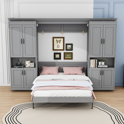 Lit escamotable double en bois avec armoires coulissantes doubles et grandes tablettes de rangement
