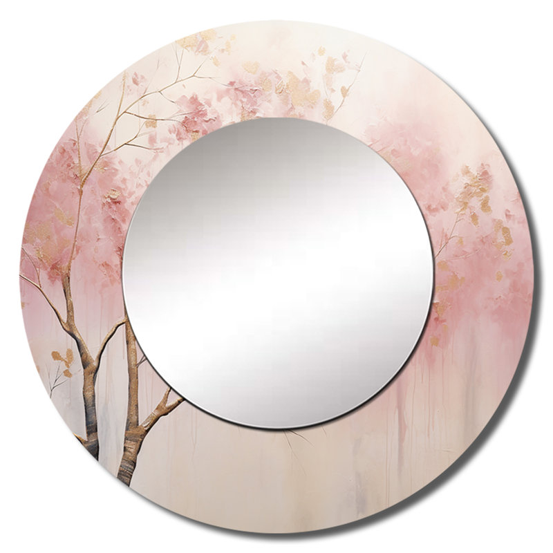 Rosshirt Minimalisme rose et doré forêt II - miroir forêt, miroir mural rond traditionnel unique, impression d'art en métal