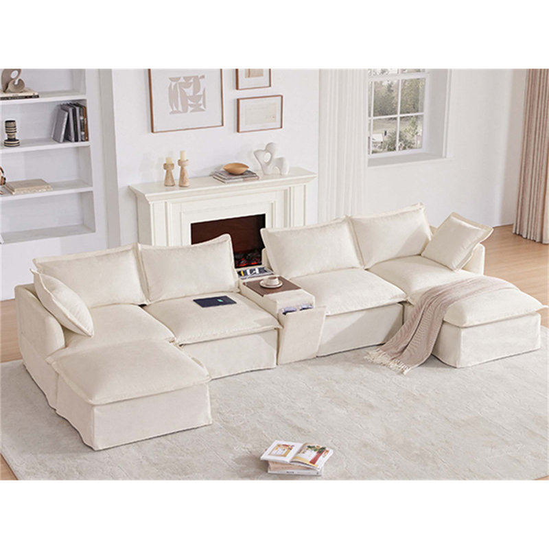 Luxurious Modular Sofa with Versatile Ottomans and Functional Console for Cozy Living, Beige Chenille