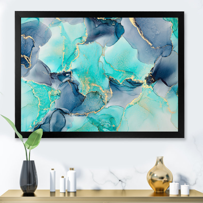 Turquoise de luxe abstrait, art fluide IV - peinture sur toile, H 24 po x l 32 po x P 1 po, Cadre noir