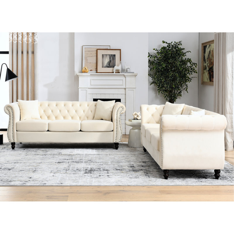 Canapé en velours beige 3 + - siège classique et respirant