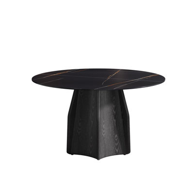 Modern 53" Round Dining Table With Sintered Stone Surface & Black Textured Base, Seats 6, Room Table, To Stains And Heat Top For Furniture,