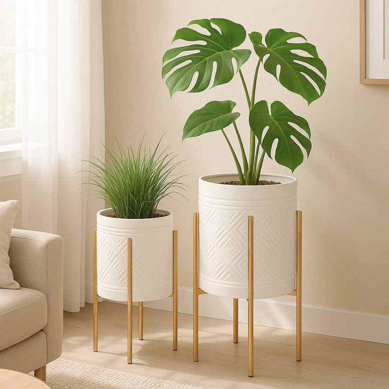 Aideen Metal Planter Pot Set for Indoor & Outdoor Use - Set of 2, Aztec White