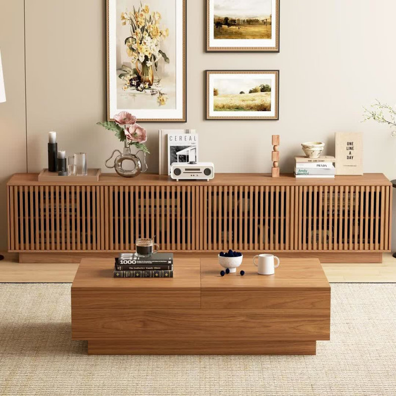 Ensemble de salon 2 pièces avec meuble télé à lattes de 86,6 po pour téléviseur de 90 po et 47,2 po à 81,8 po, noyer
