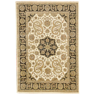 Tapis ivoire et noir noué à la main de haute qualité