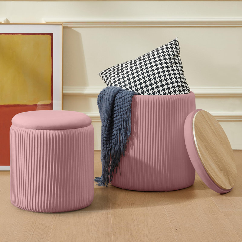 Repose-pieds rond avec rangement et 2 tabourets de coiffeuse rembourrés en velours pour lignes de maquillage, Rose