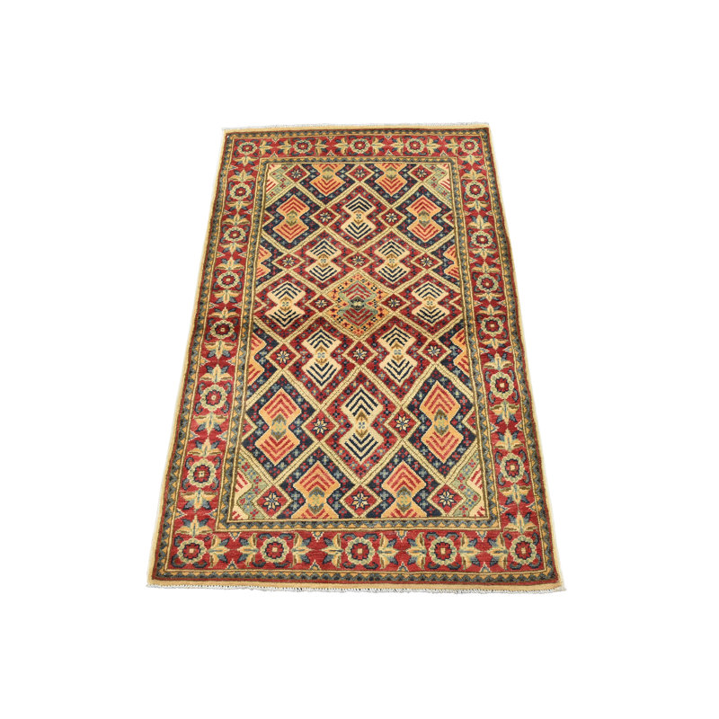 Tapis rouge en laine noué à la main de conception unique 3 pi 4 po x 5 pi 3 po